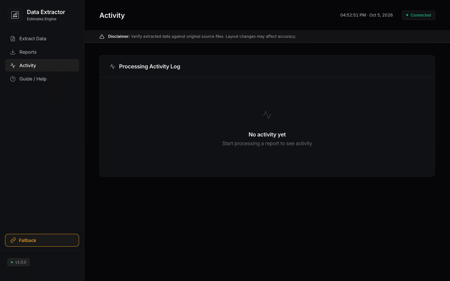 Activity log screen with the reminder to verify extracted data