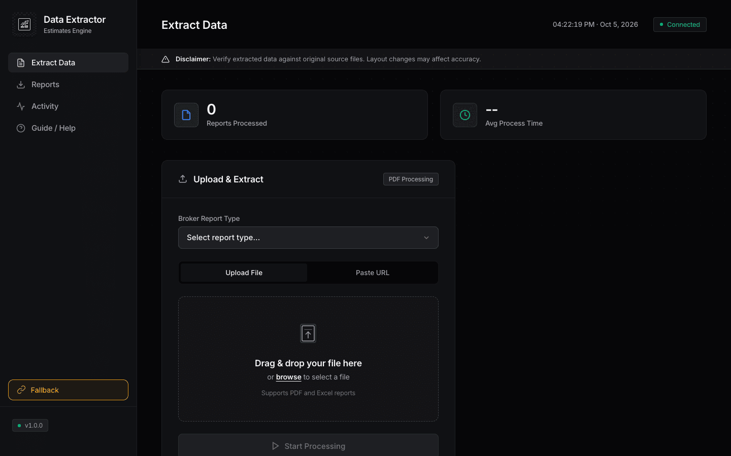 Data Extractor upload screen with a drop zone and a report-type selector