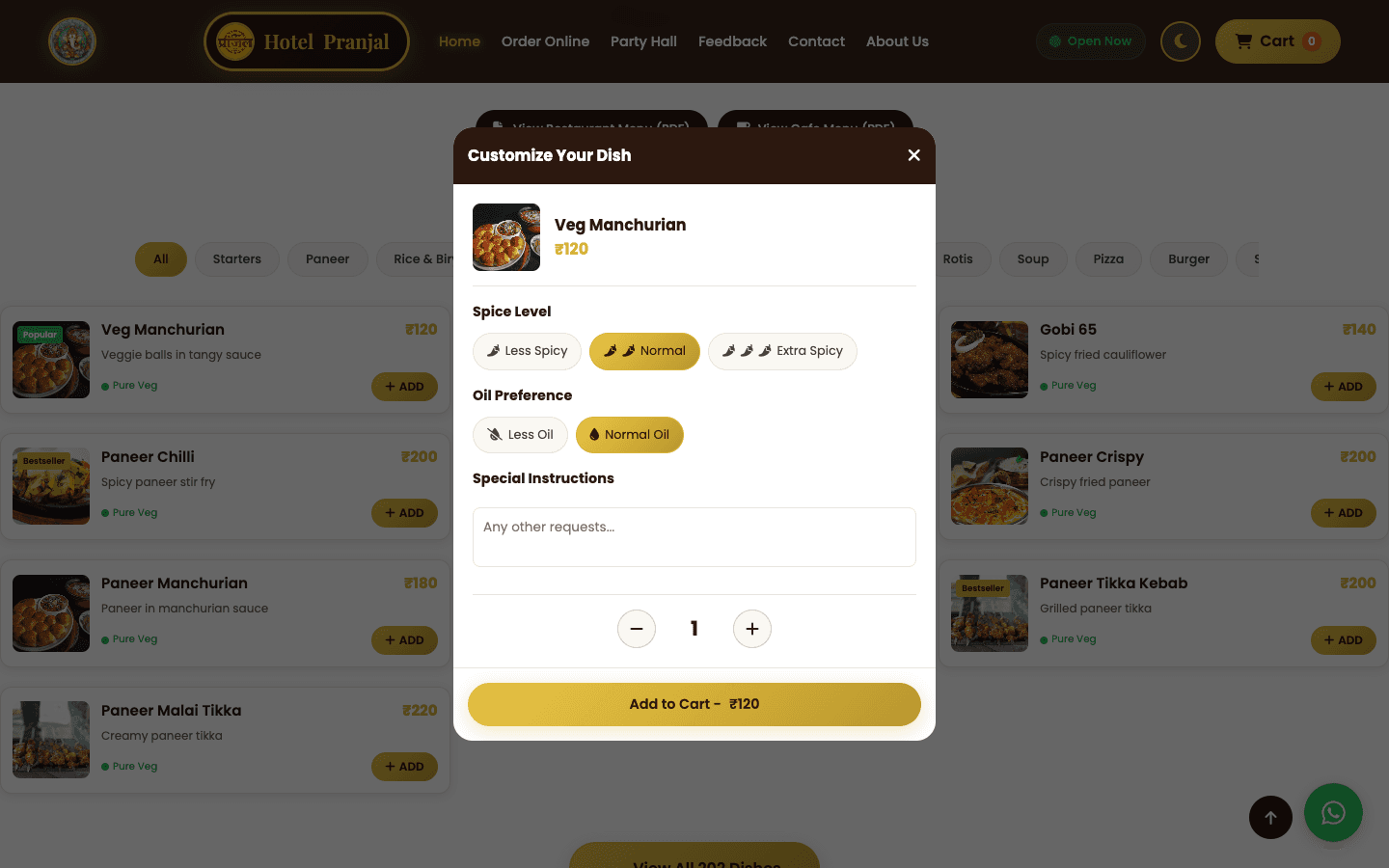 Customise dialog with spice level, oil preference and special instructions