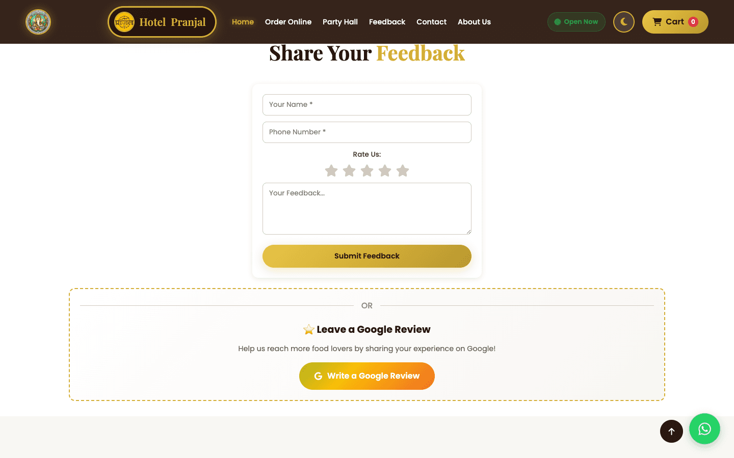 Feedback form with star rating next to a Google review prompt