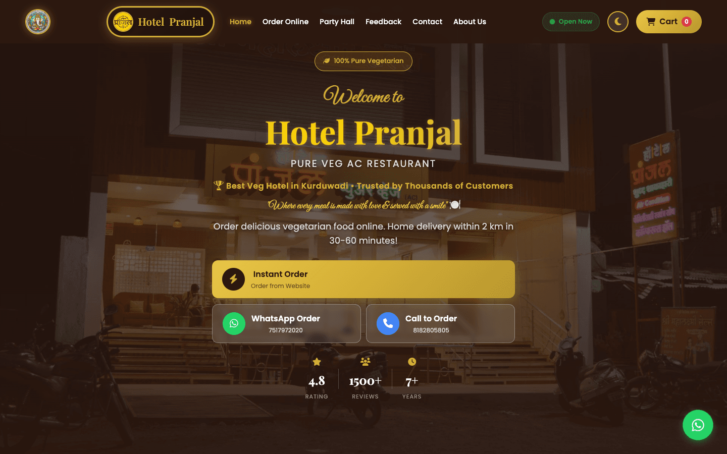 Hotel Pranjal home page with buttons to order online, order on WhatsApp or call