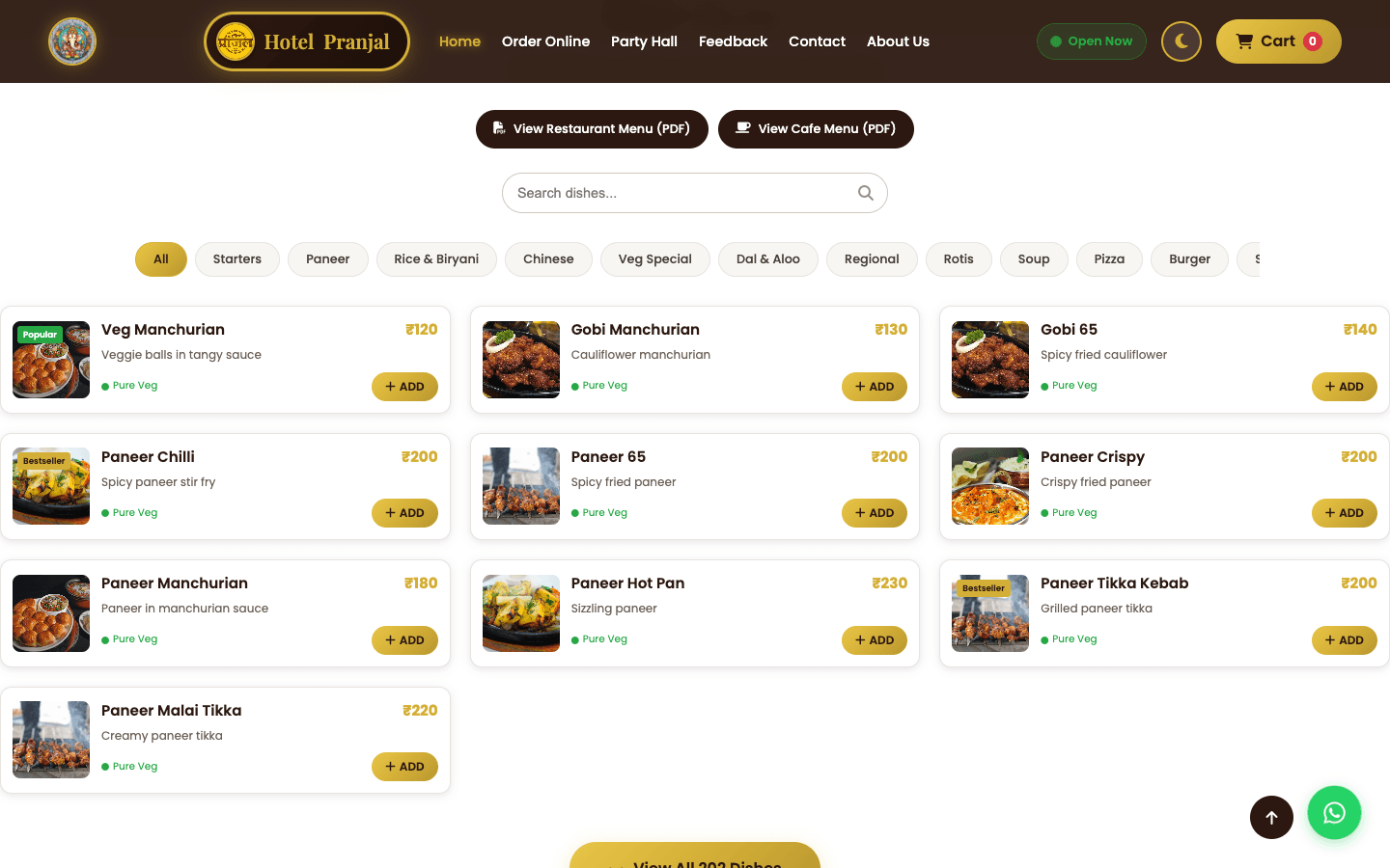 Menu grid with category filters and search