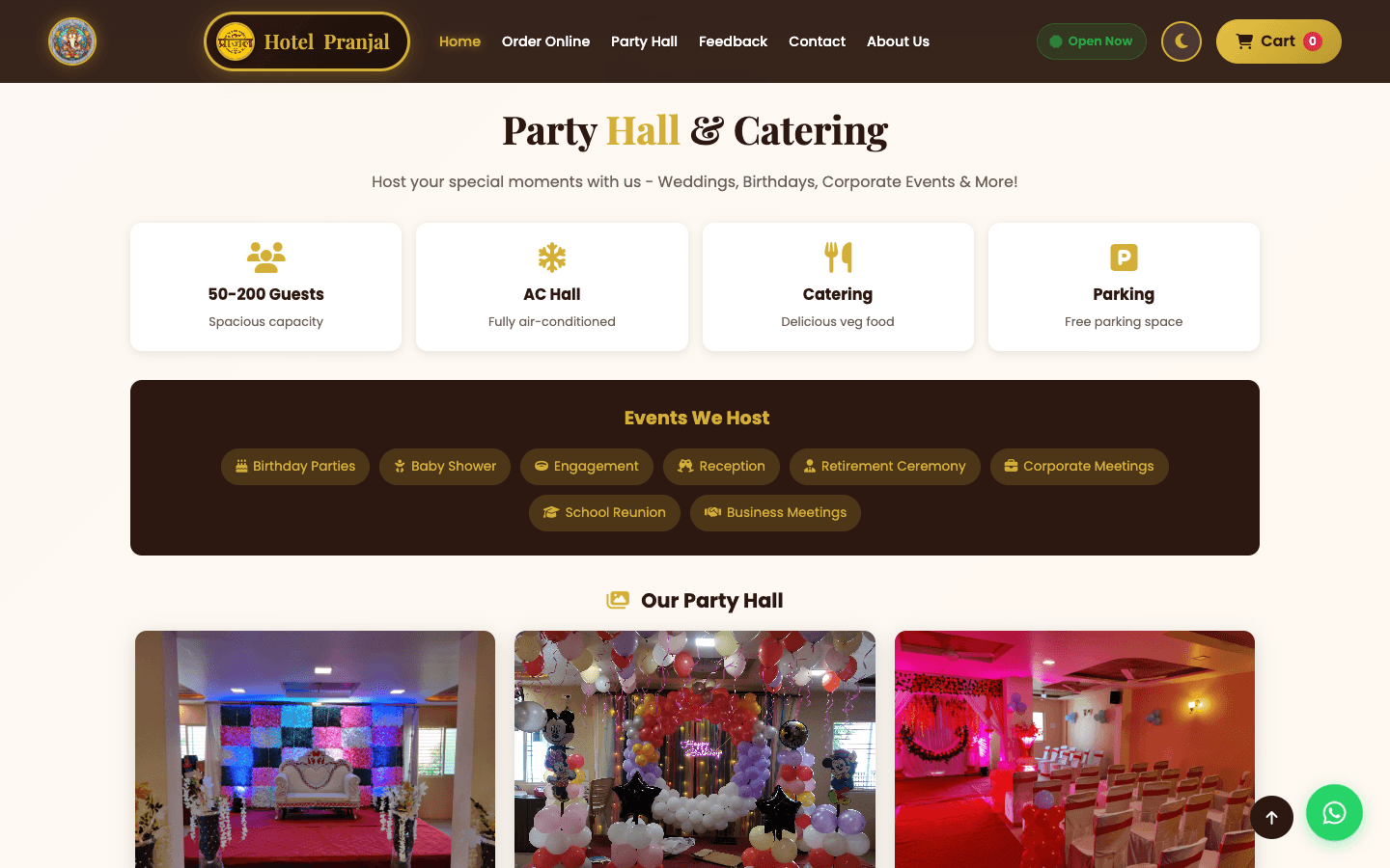 Party hall section listing capacity, AC hall, catering and parking