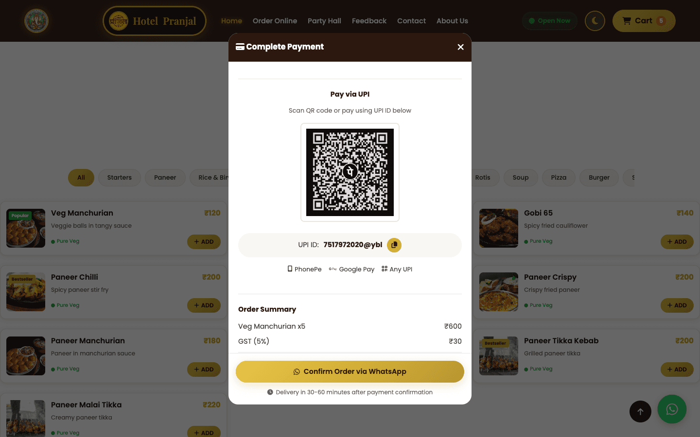 Payment step with the restaurant's UPI QR code and order summary
