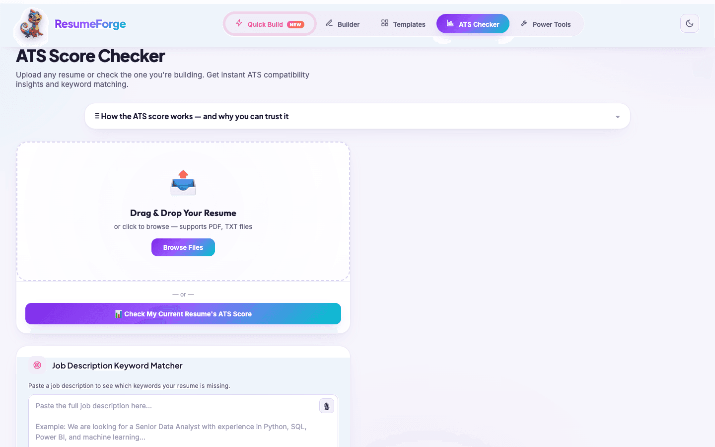ATS checker with resume upload and job-description keyword matcher