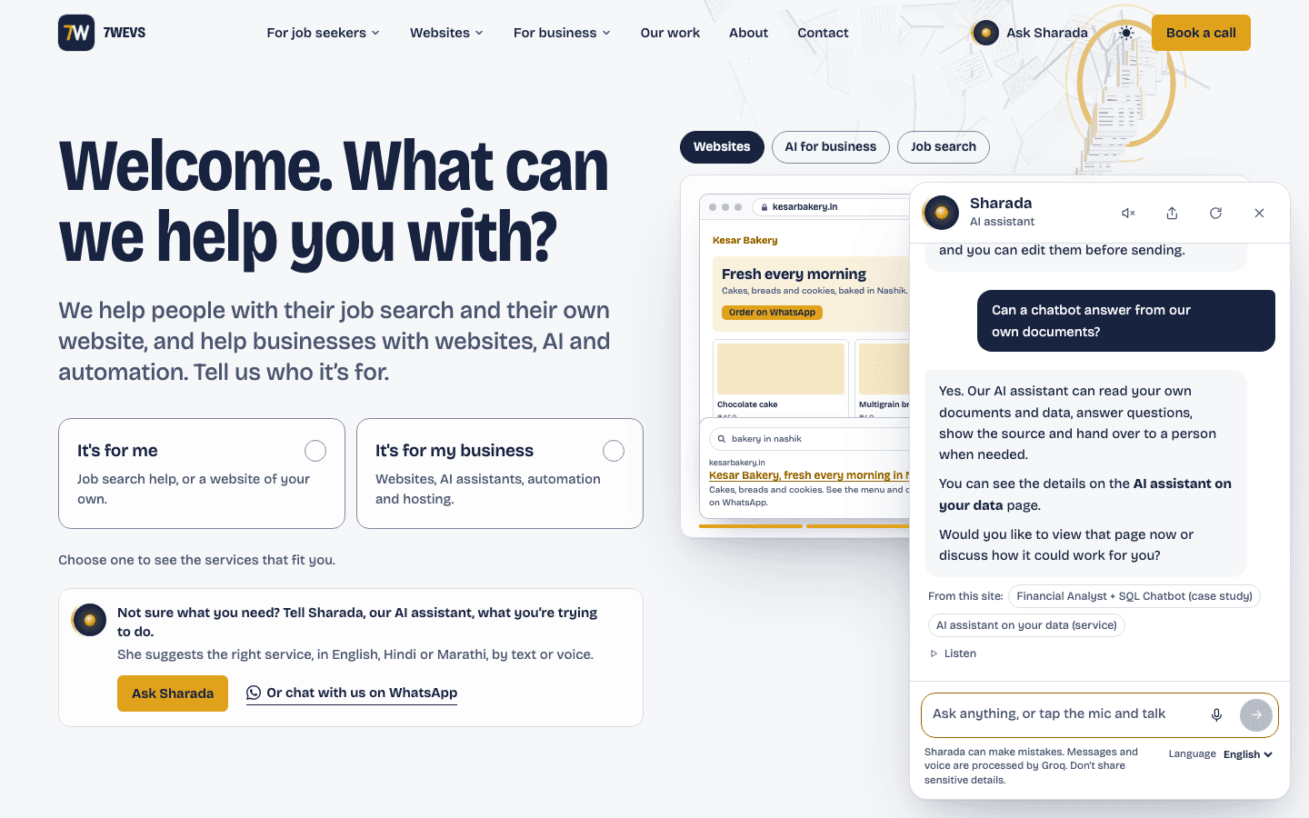Sharada's chat panel open on this website, answering a question with buttons and sources