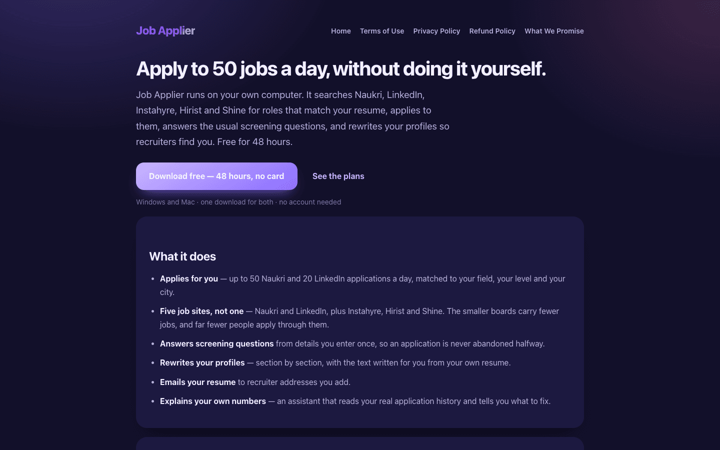Job Applier home page: apply to 50 jobs a day, without doing it yourself